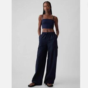 GAP Linen-Cotton Cargo Pull On Wide Leg Pants SMALL TALL Navy Blue #855963 RT$80